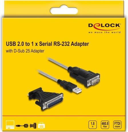 Produktbild Delock Adapter USB 2.0 Typ-A zu 1 x Seriell RS-232 D-Sub 9 + Adapter D-Sub 25 (1.80 m)