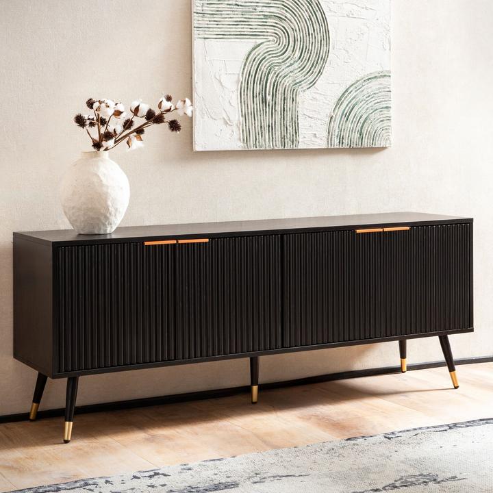 Produktbild FineBuy Lowboard TV Schrank 150 cm Schwarz Türen Fernsehkommode Eiche Modern