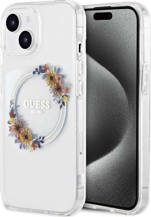 Actual product image Guess GUHMP15SHFWFCT iPhone 15 / 14 / 13 6.1" transparent hardcase IML Flowers Wreatch MagSafe (Apple iPhone 15)