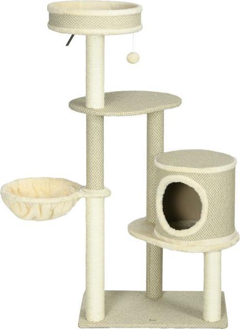 Produktbild Swisshandel24 Kratzbaum 124 cm mit Katzenhöhle, Korb, Spielball, 2 Liegeflächen, bis 5 kg (124 cm, Braun+Beige+Weiss)