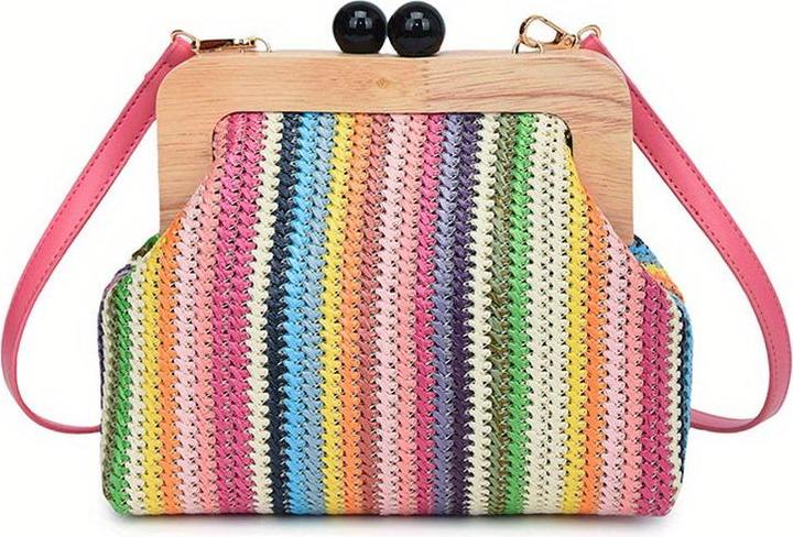 Produktbild Only-Bags.Store Vintage Woven Crossbody Bag, bunt gestreifte Shell Clutch, Holzschnappverschluss