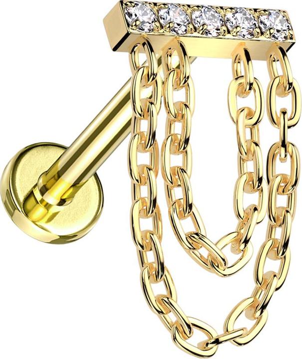 Produktbild Star Piercing Micro Labret Innengewinde vergoldet Balken vergoldet Kristalle silber Anhänger zwei Ketten (ohne Messing, Titan G23)