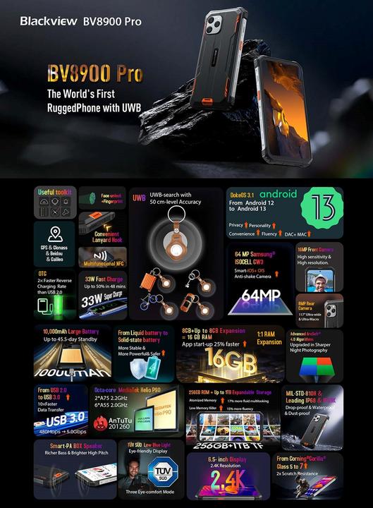 Produktbild Blackview BV8900 (256 GB, Orange, 6.50", Dual SIM, 64 Mpx, 4G)
