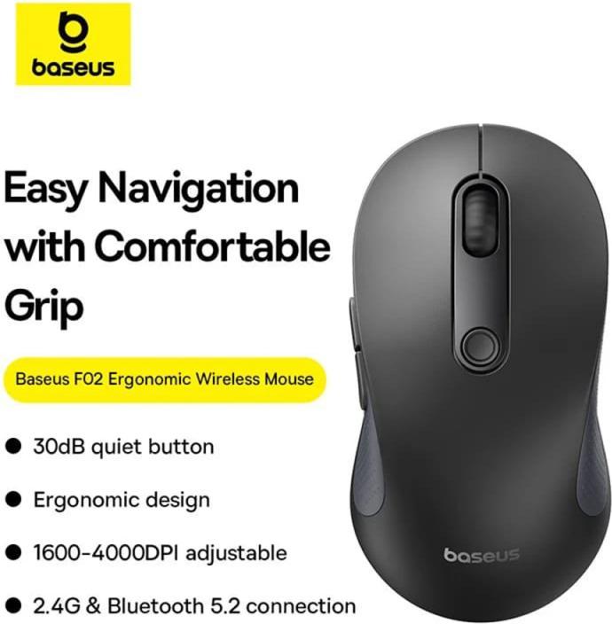 Actual product image Baseus F02, 4000DPI, BT / Wi-Fi, black