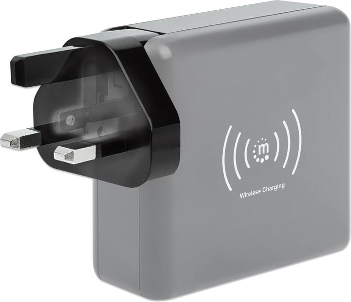 Produktbild Manhattan 4-in-1 Reiseladegerät und Powerbank 8.000 mAh Ein kabelloses 5 W-Induktionsladepad, zwei 12 W USB-A- (8000 mAh, 5 W, 29.60 Wh)