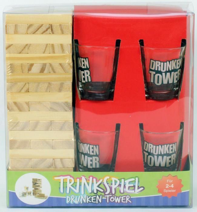 Actual product image Drink-Trends Drinking game DRUNKEN TOWER Jenga with 60 wooden blocks and 4 glasses