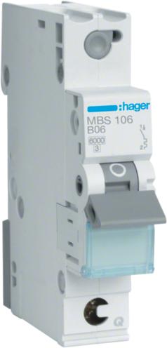 Actual product image Hager MBS106. Rated current: 6 A, AC input frequency: 50/60 Hz. Type: B-type, Module quantity (max): 1