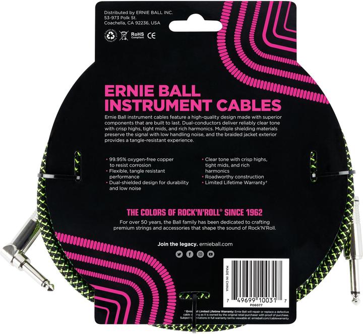 Image du produit Ernie Ball Câble d'instrument 6077 - 3.05 m, vert/noir, longueur : 3.05 (3.05 m, Spécifique à l'appareil)