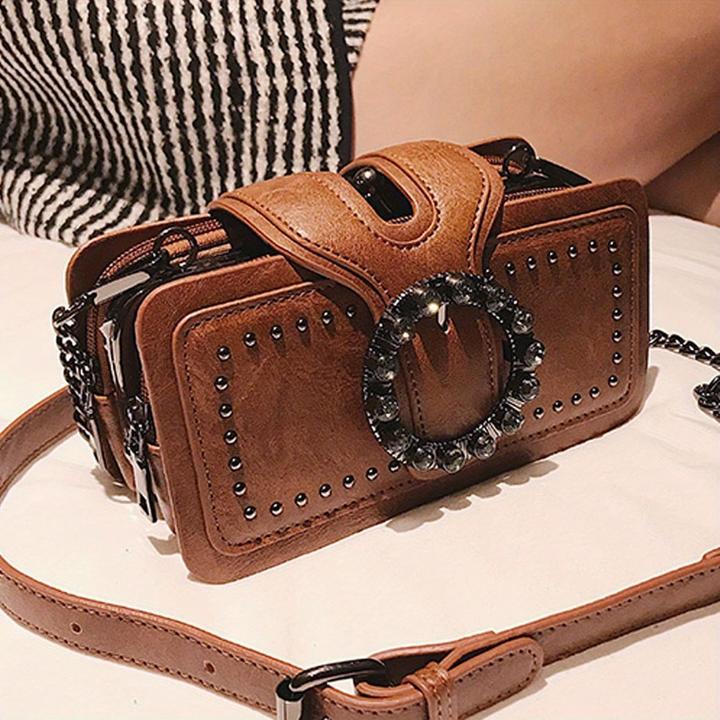 Produktbild Only-Bags.Store Mode Retro-Kupplungstasche Nieten-Motorradtasche Ketten-Umhängetasche Schwarze Handytasche