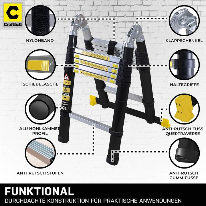 Actual product image Craftfull Telescopic ladder, 2 x 2.8 metres (Total 5.6 m) Black Edition (Telescopic ladder, 560 cm)