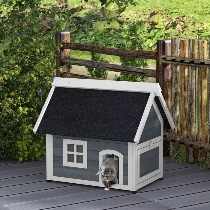 Immagine prodotto Swisshandel24 Katzenhaus Holz, aufklappbar, Wetterfest, mit 3 Türen, Grau (Gatto)
