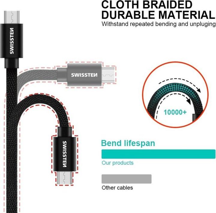 Produktbild Swissten Datenkabel Textil USB / Micro-USB 1.2 M (1.20 m, USB 3.2 Gen 1)