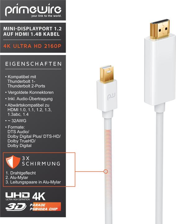 Produktbild Primewire 4k Mini Displayport 1.2 auf HDMI Kabel | Thunderbolt 1- und Thunderbolt 2 Ports | 4K Ultra HD 2160p (1 m, DisplayPort, HDMI)