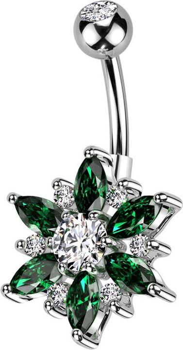 Produktbild Star Piercing Banane silber mit Kugel silber Kristall silber und Blume Kristalle silber und grün (Messing, Chirurgenstahl 316L)