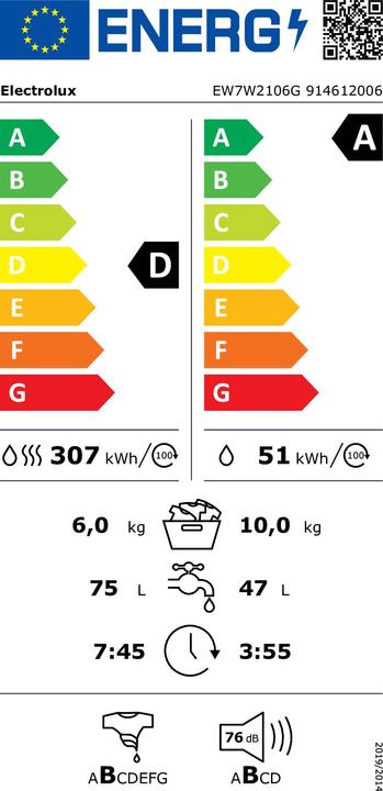 Energie-Label Electrolux EW7W2106G Waschtrockner 106 kg Klasse D