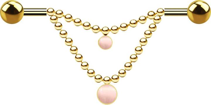 Image du produit Star Piercing Barbell plaqué or deux boules deux chaînes pierre rose oeil de chat (Acier chirurgical 316L, sans laiton, Minéral)