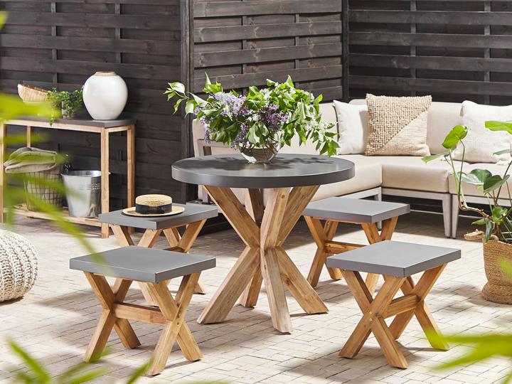 Produktbild Beliani Gartenmöbel Set Faserzement grau 4-Sitzer 5-teilig Tisch ⌀ 90 cm OLBIA (90 cm)