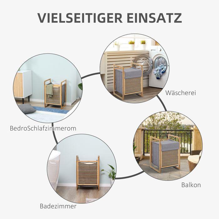 Image du produit Swisshandel24 Panier à linge avec sac à linge lavable et sac à linge en bambou polyester lin Nature+Gris