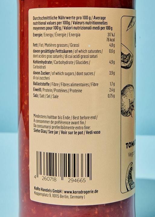 Nährwerte und Zutaten KoRo Vegane Tomatensauce nach Bolognese-Art mit Soja (3180 g)