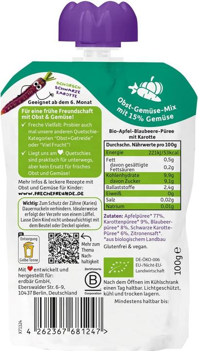 Valeurs nutritives et ingrédients Freche Freunde Sachets à écraser pomme, myrtille, carotte 100 g (107 g)