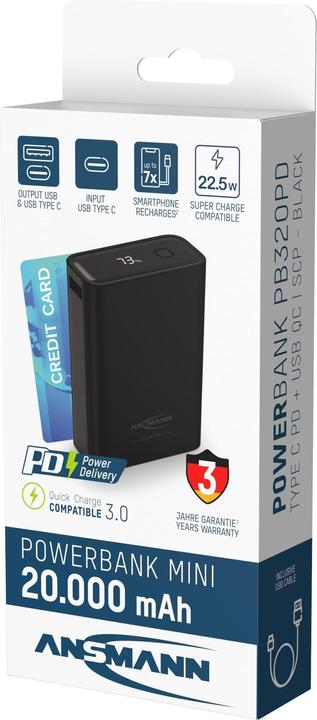 Produktbild Ansmann Powerbank 20000 mAh PB222PD schwarz (20000 mAh, 22.50 W, 88 Wh)