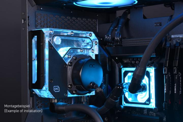 Actual product image Alphacool Rise Flat Reservoir DDC expansion tank with pump