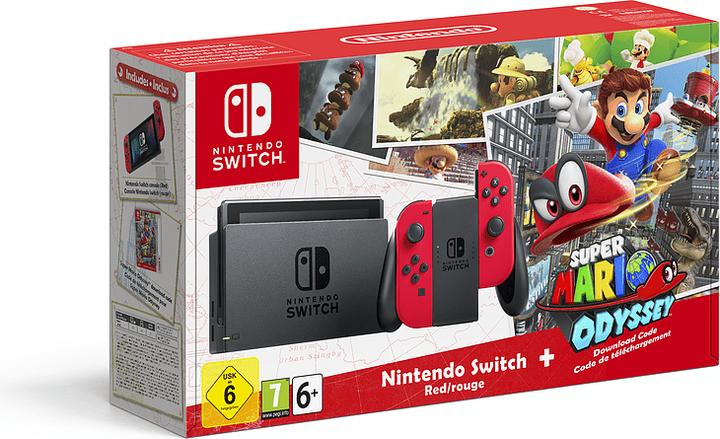 Image du produit Nintendo Switch Rouge + Code de téléchargement Super Mario Odyssey + Autocollant du film Super Mario Bros.