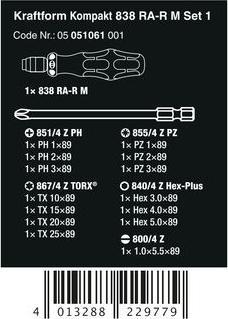 Actual product image Wera Kraftform Kompakt 838 RA-R M Set 1 (Pozidriv cross recess (PZ), Phillipps cross recess (PH), Allen screw, Pin-torx, Port)
