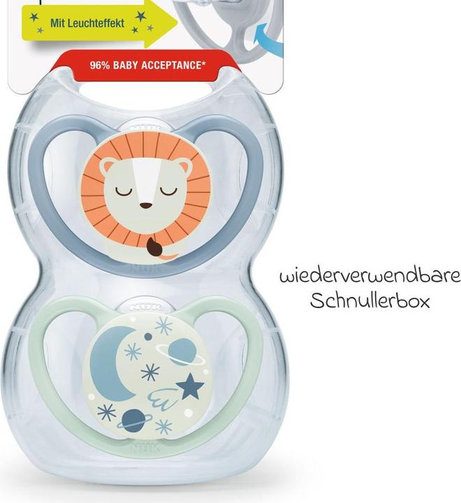 Produktbild NUK Space Night Silikon-Schnuller 6-18M, 2 St, blau/mint (2 x, 6 - 18 Monate)