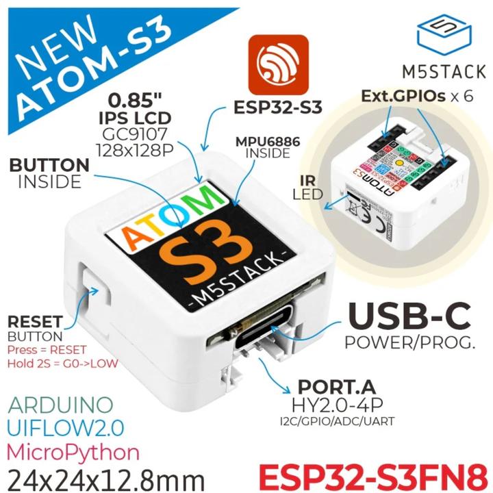 Immagine prodotto M5Stack AtomS3 Dev Kit con display a colori da 0,85 pollici