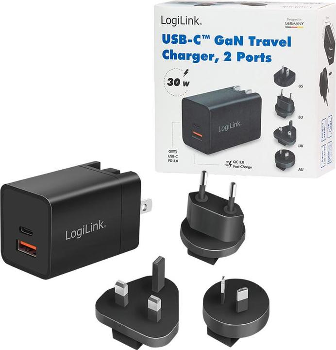 Actual product image LogiLink USB socket travel adapter, 1x USB-A, 1x USB-C, GaN technology, 30 W (30 W)