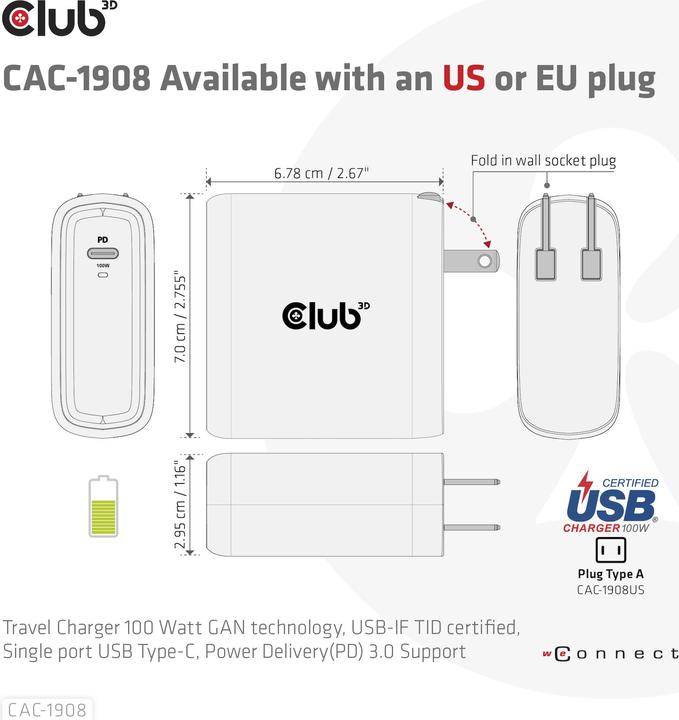 Produktbild Club 3D Club3D Reiseladegerät 1xUSB Typ C, PD 100W retail (100 W)