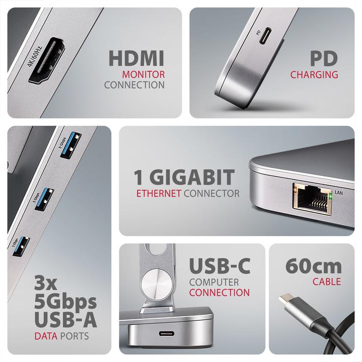 Actual product image Axagon HMC-STND stand for laptops and tablets, USB-C hub - silver (USB-C, 7 Ports)