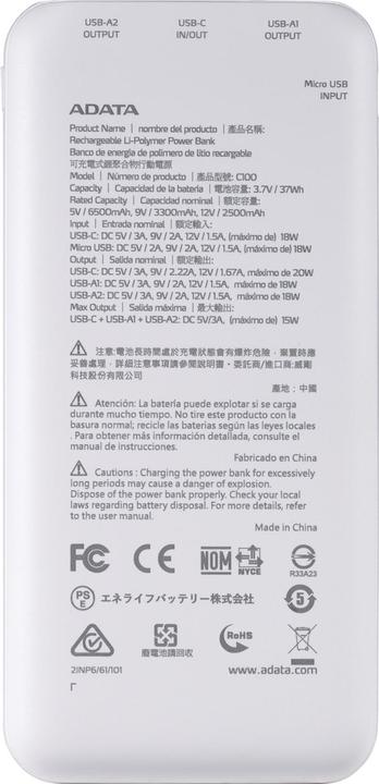 Image du produit Adata POWER BANK USB 10000MAH BLANC/PC100-14WH (10000 mAh, 20 W, 37 Wh)