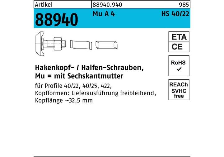 Immagine prodotto Halfen Bullone con testa a martello R 88940 tipo 40/22 dado esagonale M 16 x 80 Mu A 4 (10 Viti per pezzo)
