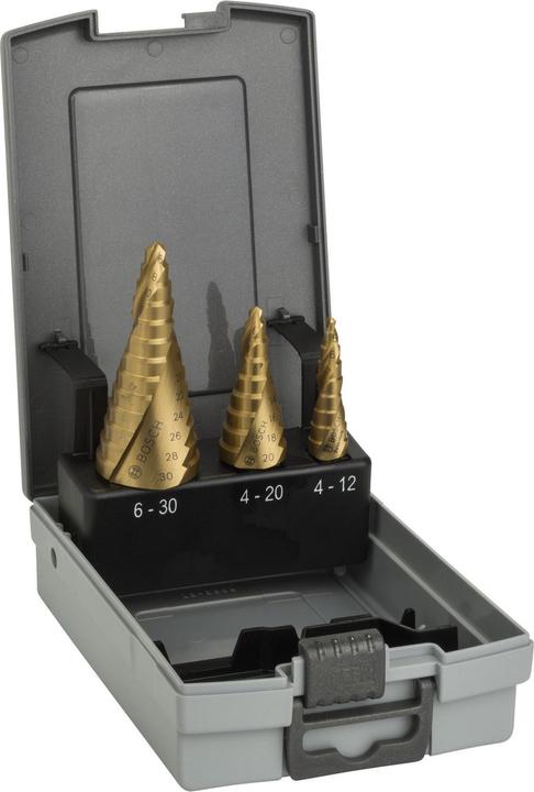 Immagine prodotto Bosch Professional Zubehör Set di punte a gradino HSS-TiN, 3 pezzi, 4-12/4-20/6-30 (4-12 mm, 4-20 mm, 6-30 mm)