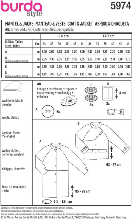 Produktbild Schnittmuster Jacke & Mantel mit Raglanärmeln und Stehkragen