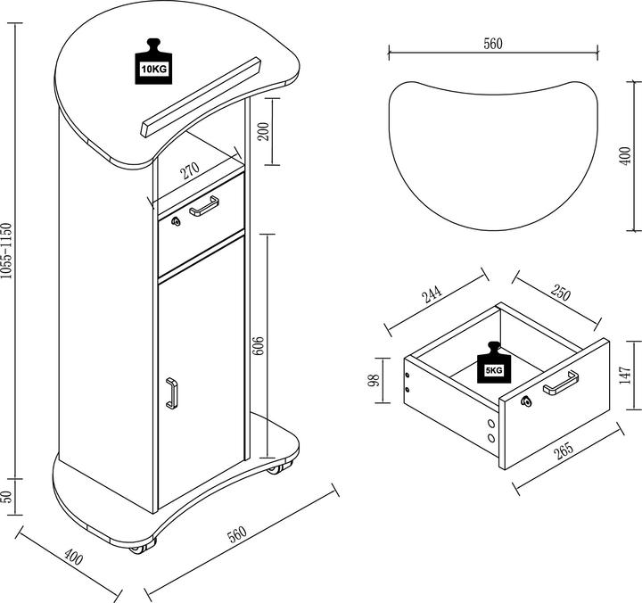 Actual product image VCM Wooden Standing Desk Lectern Mobile Standing Table Rollable Castors Drawer Redola Door (56 x 37 x 110 cm)