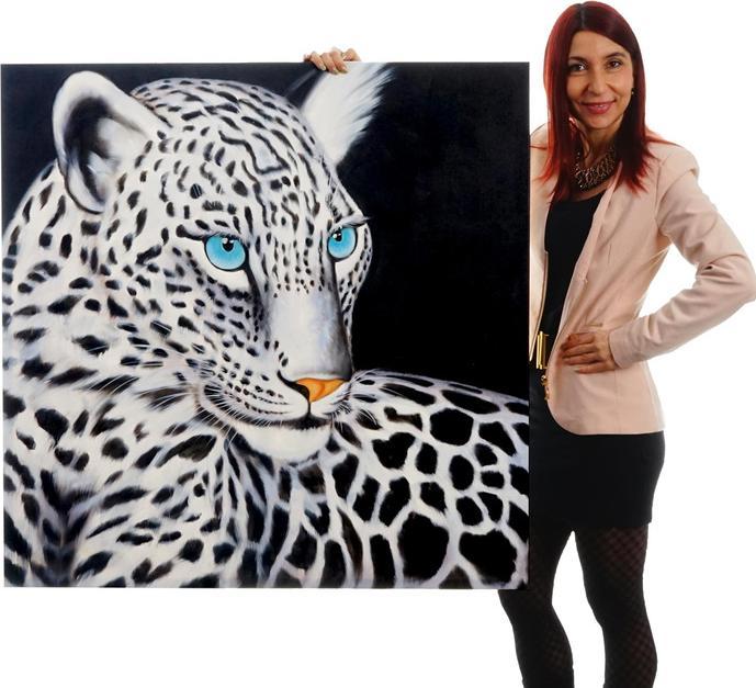 Immagine prodotto Swisshandel24 Pittura a olio Leopardo bianco, 100% pittura murale dipinta a mano XL, 100x100cm (100 x 100 cm)