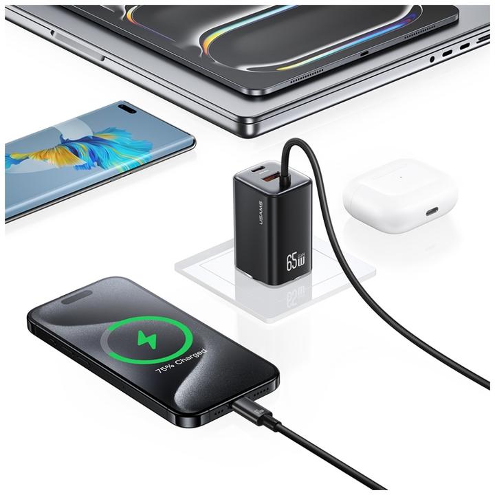Actual product image Usams Ładowarka sieciowa JC Series CC266 65W GaN Fast Charger 2xUSB-C 1xUSB-A czarny (65 W)