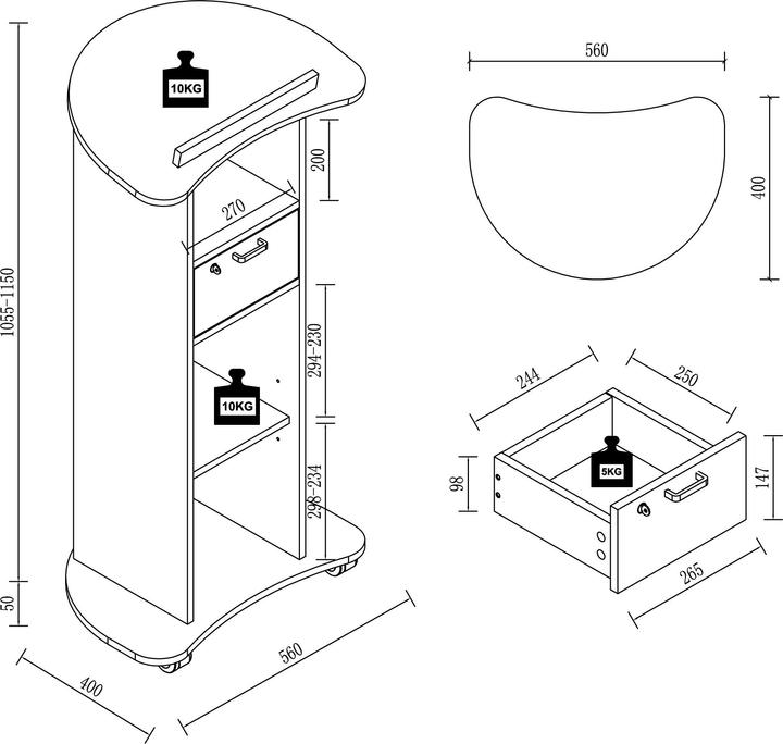 Produktbild VCM Holz Stehpult Rednerpult mobil Stehtisch rollbar Rollen Schublade Redola (56 x 37 cm)