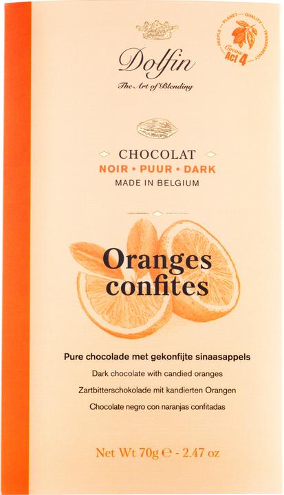 Produktbild Dolfin Zartbitterschokolade mit kandierte Orangenschalen (70 g)