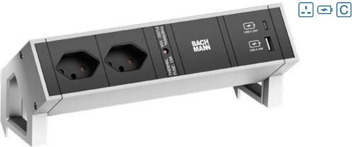 Bachmann DESK2 2xUK 1xUSB A/C 22W 1xCM 0.2m GST18 INOX (2 x, BS 1363, CEE 7/3, 0.20 m)