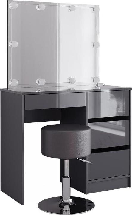 Body: Anthracite, Table top: anthracite, matt front, high gloss Shelf: White Mirror: White Stool: Black LED light chain: White