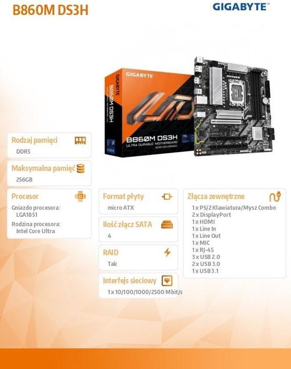 Actual product image Gigabyte MB GBT Intel 1851 B860M DS3H (LGA 1851, Intel B860, mATX)