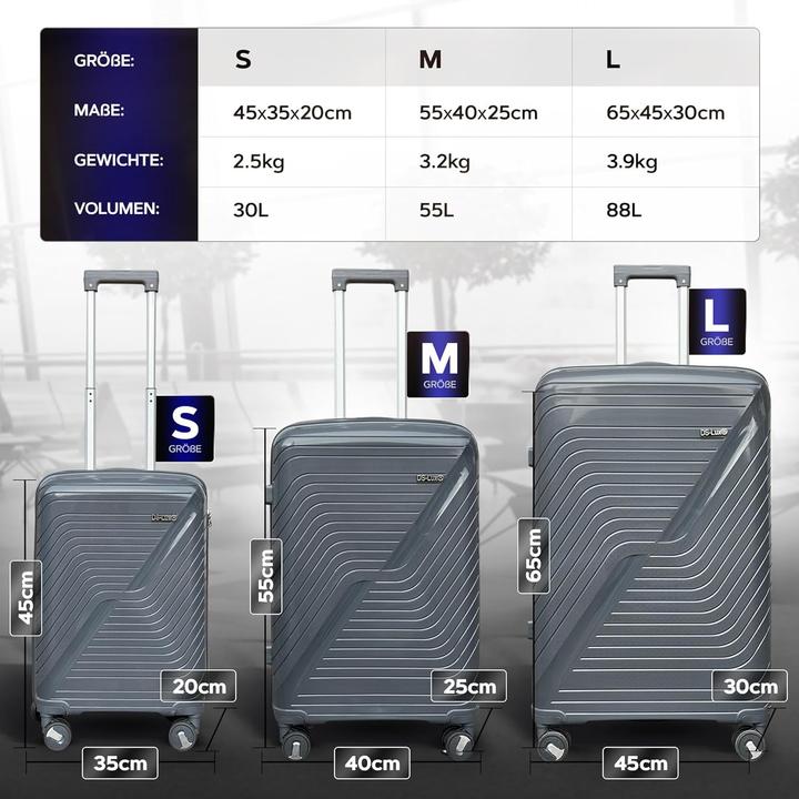 Immagine prodotto DS-Lux Set di valigie rigide da 3 pezzi (88 l, Bagaglio a mano (fino a 50 litri), M (50 - 90l))