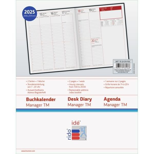 Image du produit rido/idé 7024074905 Book Calendar Model Manager Calendar TM (2025)| 2 pages = 1 semaine| 205 × 26 (Anglais, Français, Allemand)