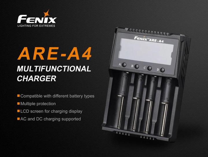 Actual product image Fenix Round cell charger ARE A4 (1 pcs., 10340, 10350, 10440, 10500, 12500, 12650, 13500, 13650, 14500, 14650, 16340, 16650, 17500, 17650, 17670, 18350, 18490, 18500, 18650, 18700, 21700, 22650, 25500, 26500, 26650, Rechargeable battery)