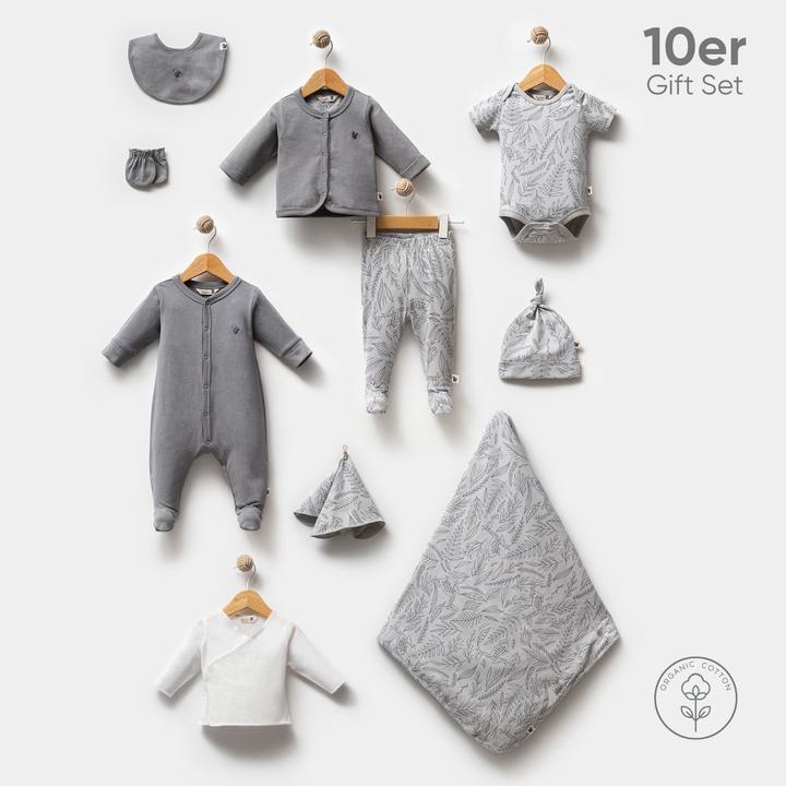 TotsTale Premium 10-teiliges Geschenkset aus Bio-Baumwolle – Erstausstattung für Neugeborene (50, 56, 62, 68)