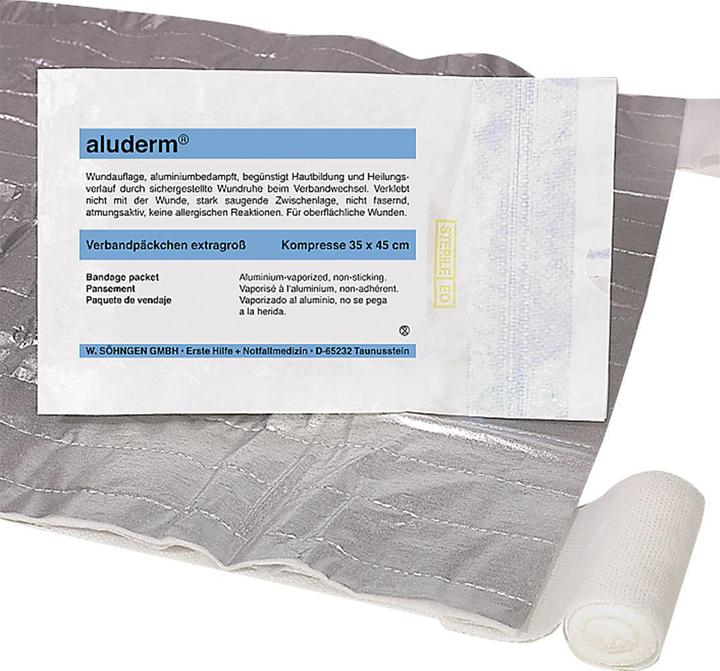 Actual product image Aluderm ® Dressing 6 cmx3 m (WxL) Compress dimensions: 45x35 cm (WxL) Polyester fleece aluminium vapourised (1 x)